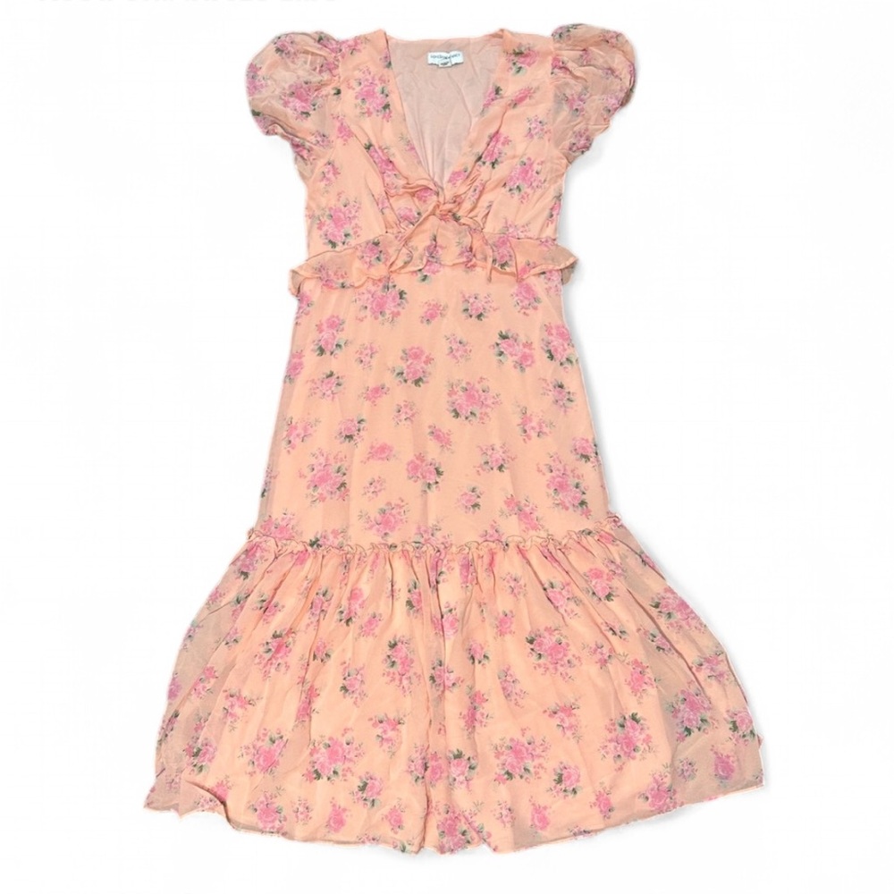 LoveShackFancy Blush Pink Floral Midi Dress with Ruffles Size 6
